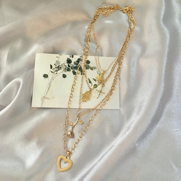 Layered 5 Pendent Heart Rose Cross Gold Necklace - Picture 4 of 8